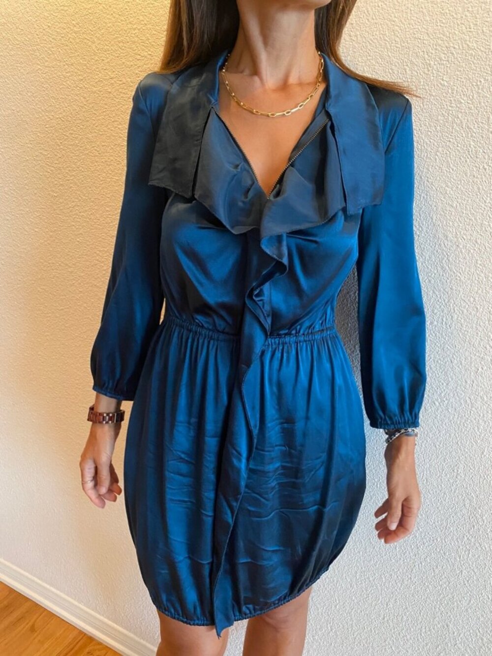 A/X Armani Exchange Silk Long Sleeve Dress Dark Blue Teal Zipper Petite 0